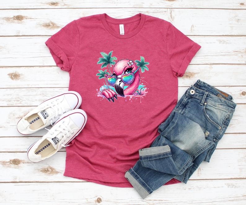 tête flamant rose lunettes palmiers impression dtf flex textile t-shirt homme femme enfant plage vacances