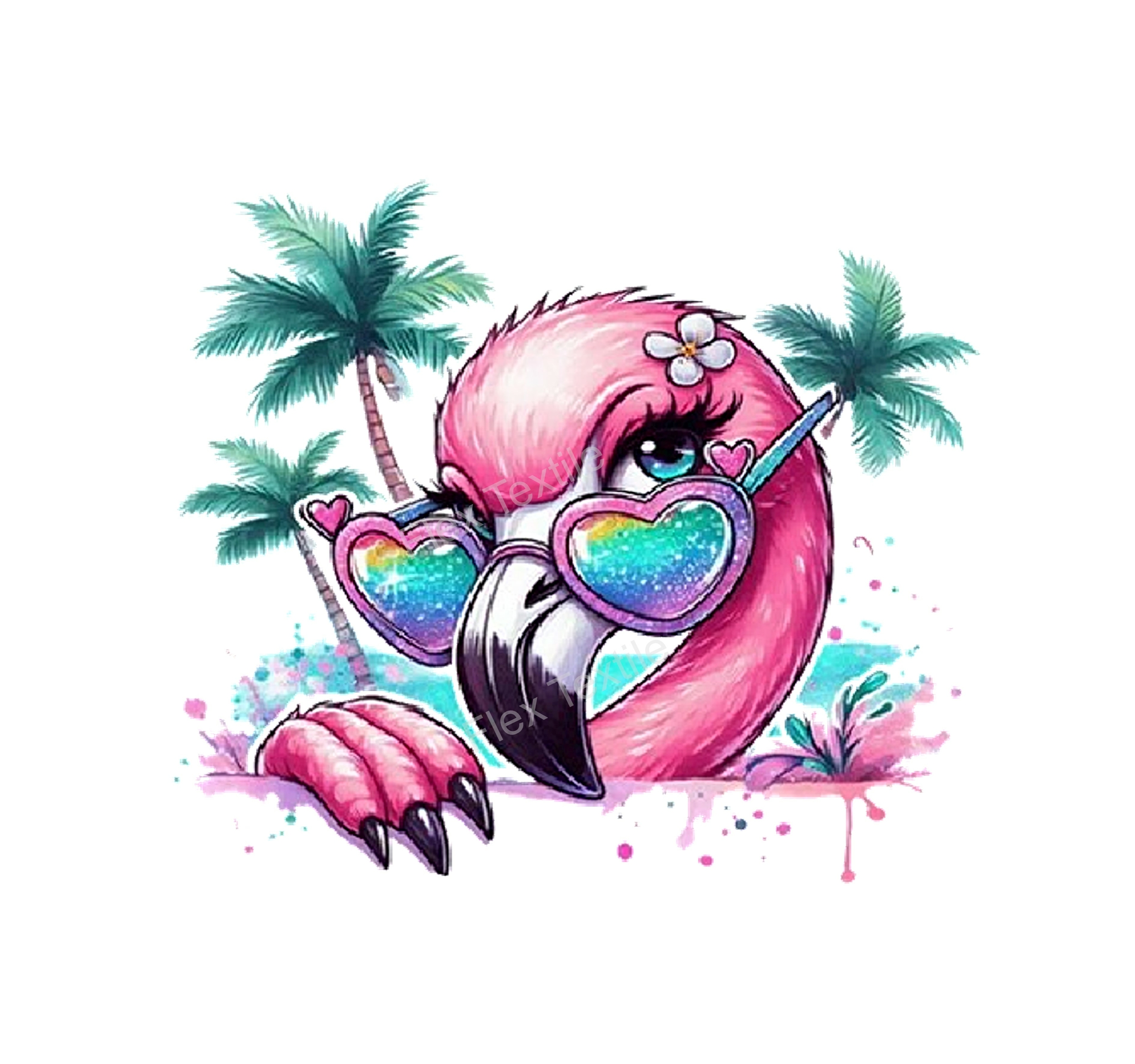 tête flamant rose lunettes palmiers impression dtf flex textile