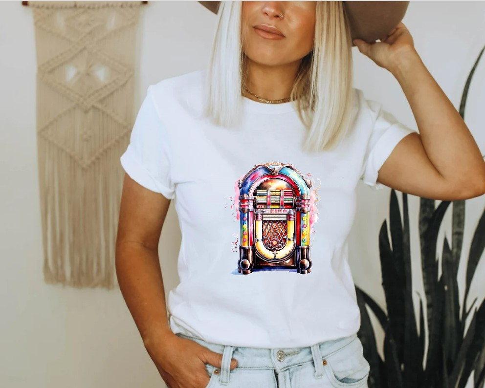 Jukebox impression dtf flex textile musique t-shirt femme homme enfant prêt à poser motif thermocollant