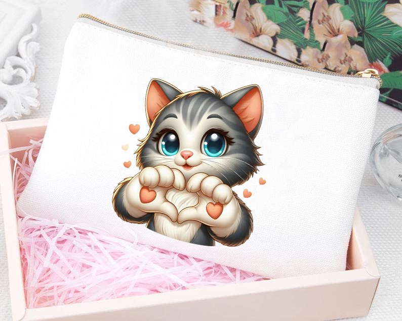 Chat Coeur Mains Impression DTF Flex textile pochette trousse cat coeur mains love prêt à poser motif thermocollant