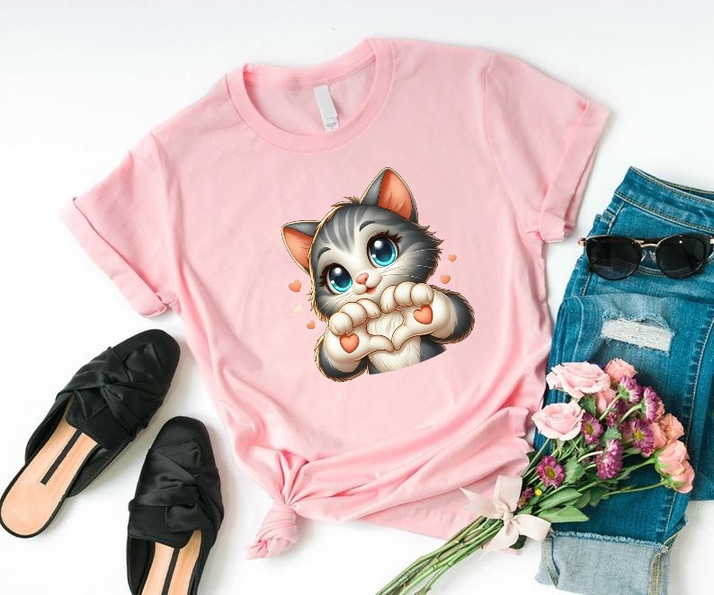 Chat Coeur Mains Impression DTF Flex textile t-shirt homme femme enfant coeur mains cat animal