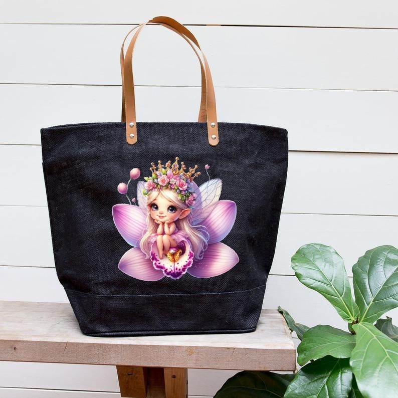 Fée Orchidée impression dtf flex textile elfe princesse sac shoppin plage sport femme enfant fleur