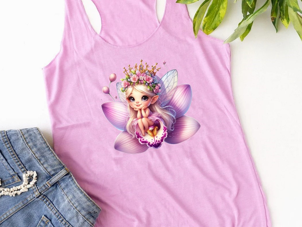 Fée Orchidée impression dtf flex textile elfe princesse t-shirt femme enfant fleur