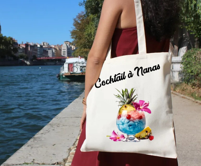 verre cocktail ananas impression dtf flex textile sac shopping plage sport fruits été vacances