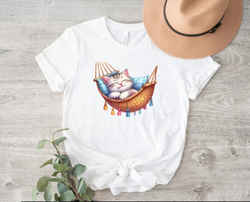 chat dort hamac impression dtf  flex textile t-shirt homme femme enfant sieste animal
