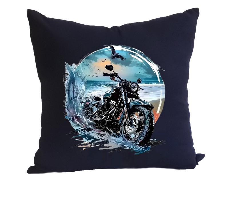 moto plage impression dtf flex textile coussion oreiller mer vacances couher soleil