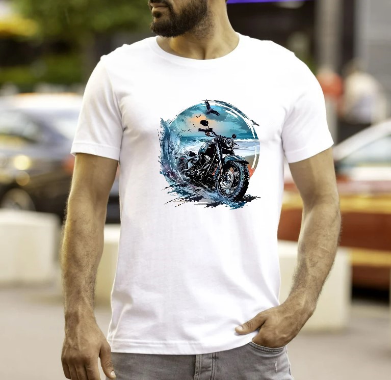 moto plage impression dtf flex textile t-shirt homme femme enfant mer vacances couher soleil