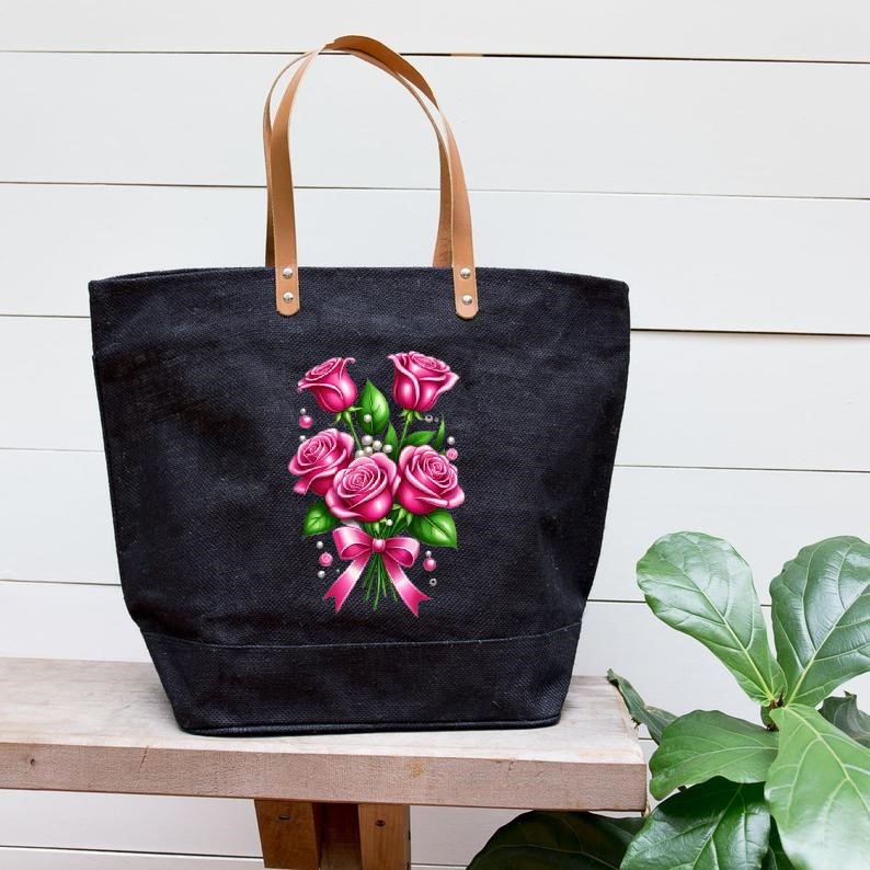 bouquet roses perles impression dtf flex textile sac shopping sport plage fleurs floral