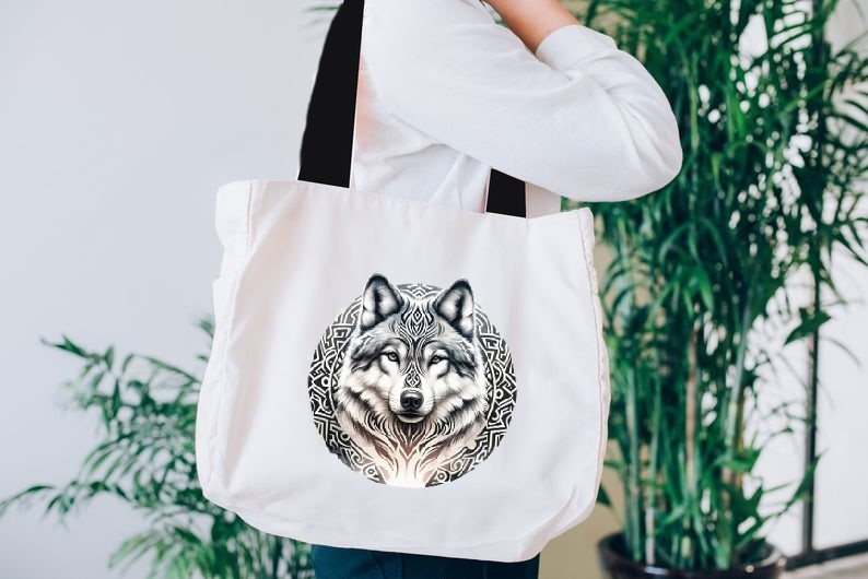 Loup Tatouage Tribal impression dtf flex textile animal sac shopping plage sport prêt à poser