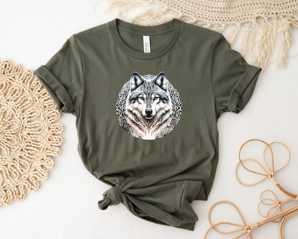 Loup Tatouage Tribal impression dtf flex textile t-shirt homme femme enfant prêt à poser