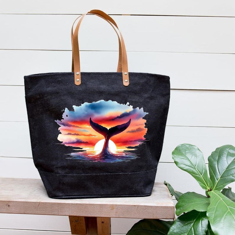 baleine couché de soleil impression dtf flex textile tshirt homme femme enfant sac shopping plage sport queue nageoire mer océan