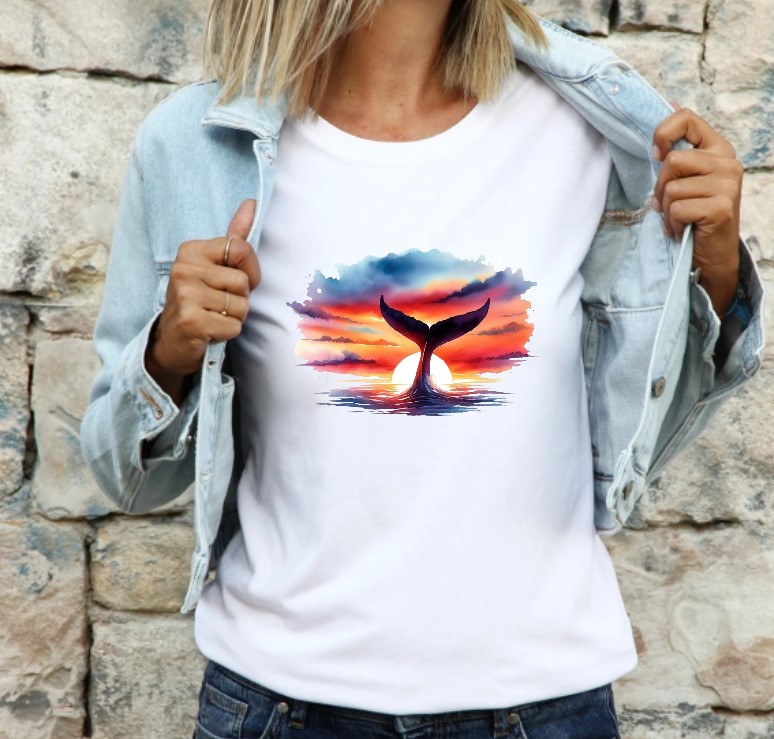 baleine couché de soleil impression dtf flex textile tshirt homme femme enfant queue nageoire mer océan
