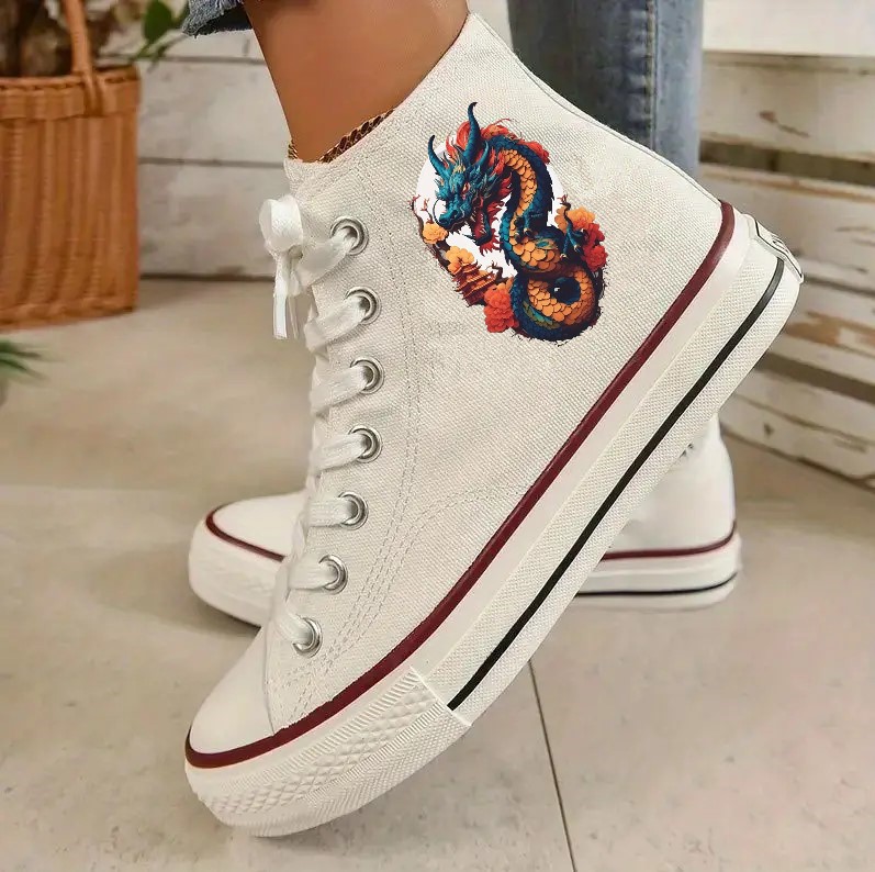 dragon fleurs impression dtf flex textile reptile chinois chaussure basket tennis homme femme enfant