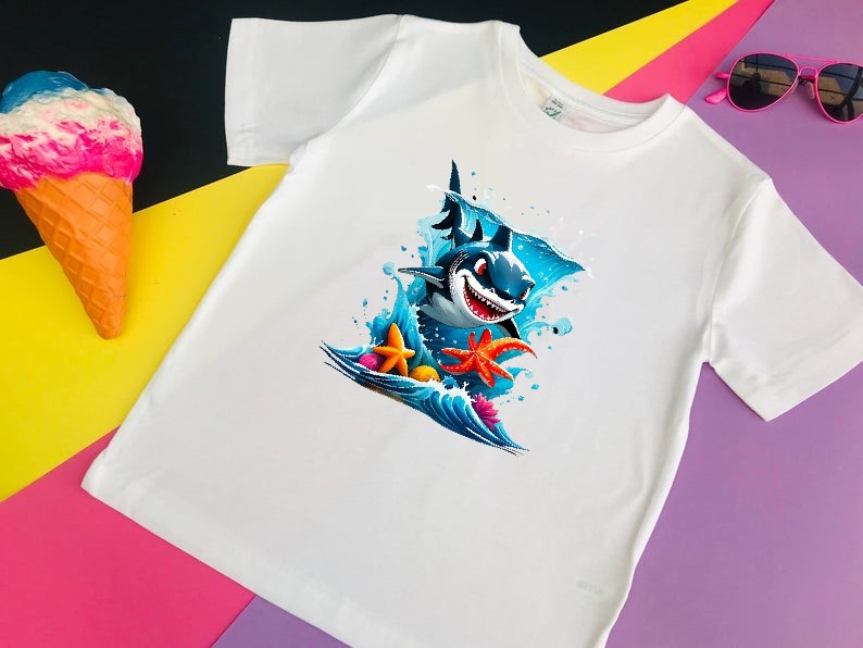 requin étoiles mer impression dtf flex textile t-shirt homme femme enfant mer vacances plage poisson