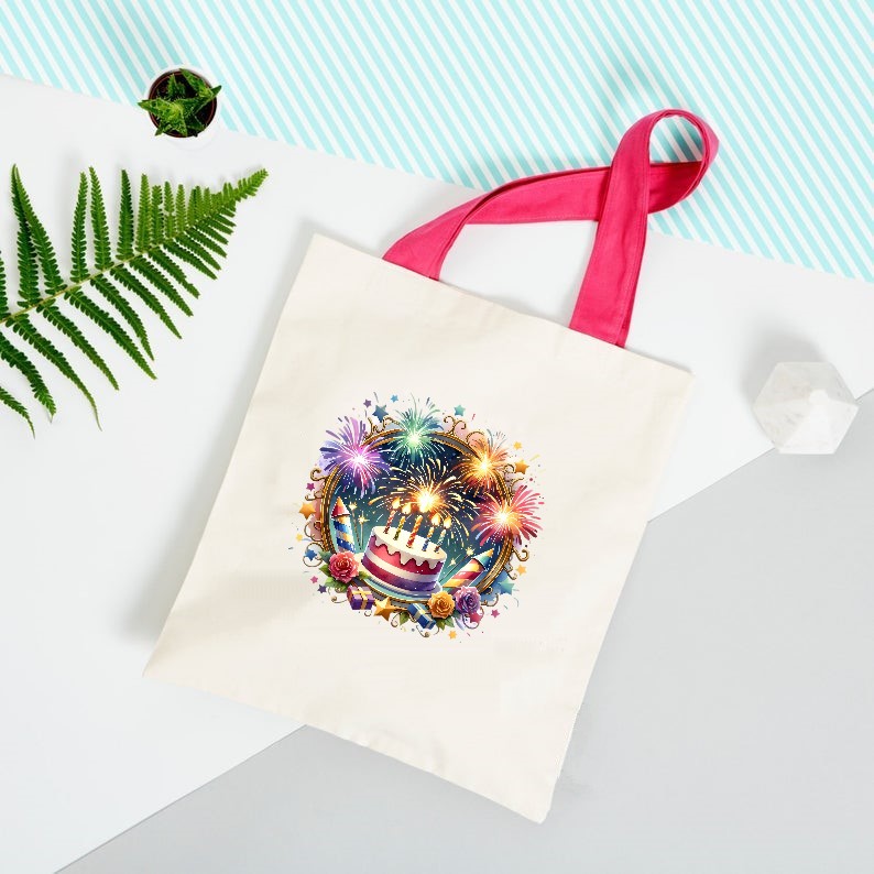 gâteau anniversaire feu dartifice impression dtf flex textile sac shopping plage femme enfant homme mariage fête