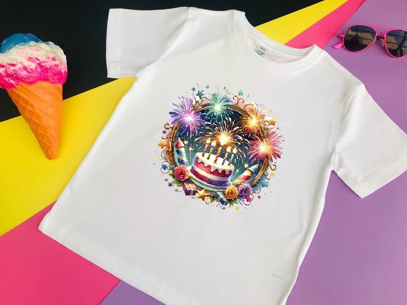gâteau anniversaire feu dartifice impression dtf flex textile t-shirt femme enfant homme mariage fête