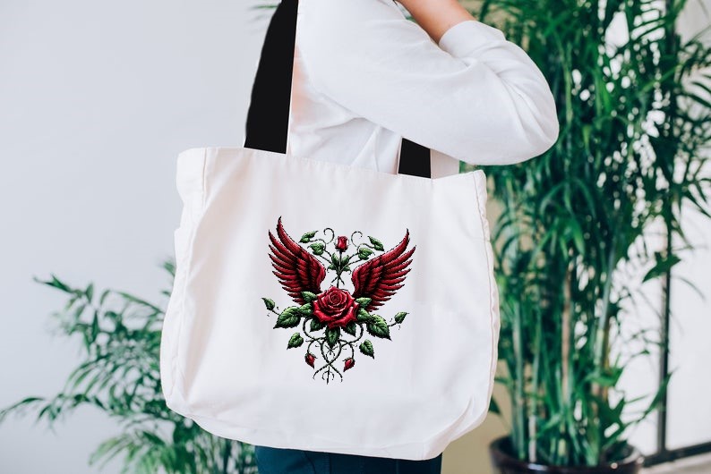 Ailes Fleurs impression dtf flex textile sac shopping plage roses feuilles bouquet