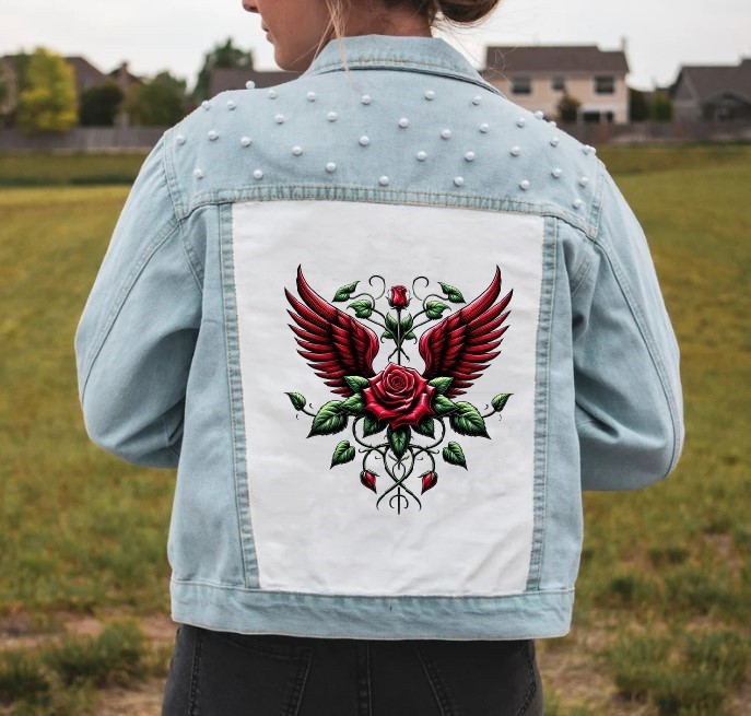 Ailes Fleurs impression dtf flex textile veste jean boutons femme enfant homme roses feuilles bouquet