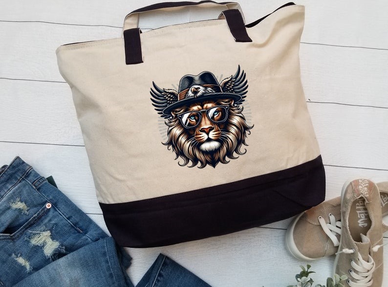 Lion lunettes chapeau impression dtf flex textile sac shopping plage homme femme enfant animal