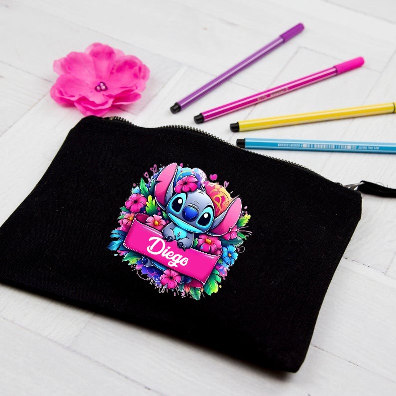 stitch prénom impression dtf flex textile trousse école sac cartable t-shirt enfant femme homme dessin animé disney