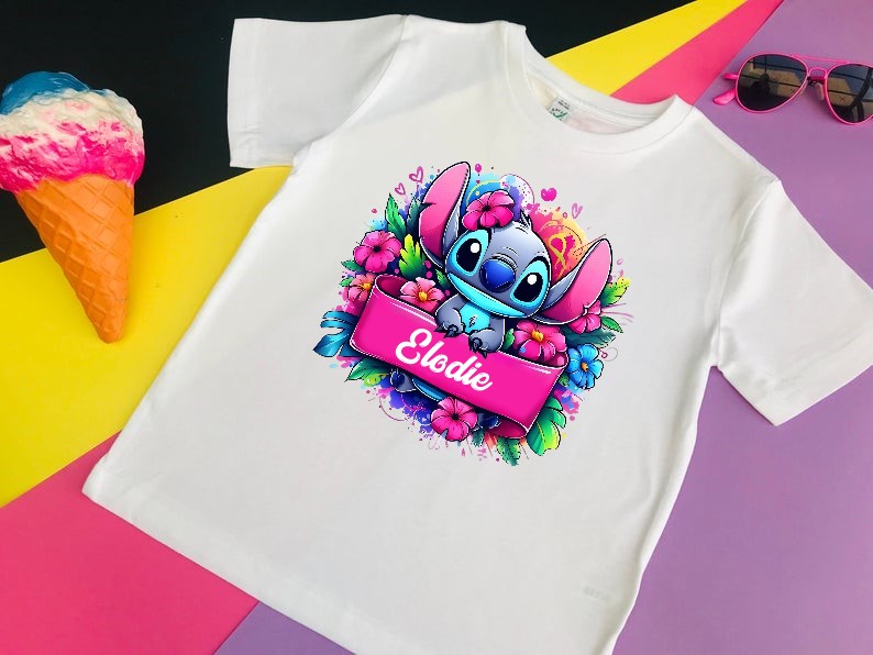 stitch prénom impression dtf flex textile t-shirt enfant femme homme dessin animé disney