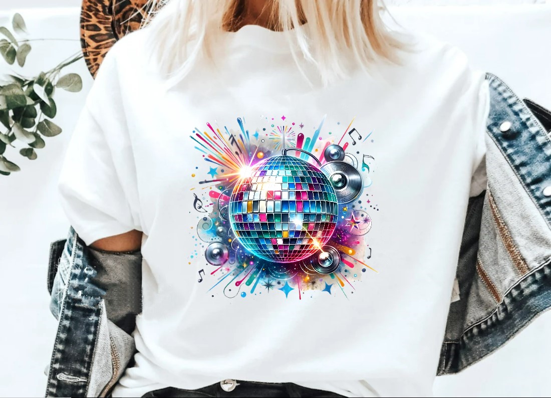 Boule Facettes Musique transfert thermocollant flex textile t-shirt femme enfant homme sac shopping plage sport