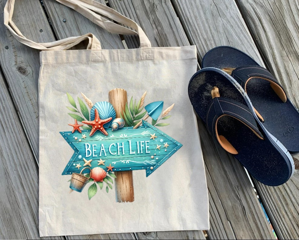 panneau bois beach life impression dtf transfert thermocollant flex textile sac shopping sport  mer océan plage