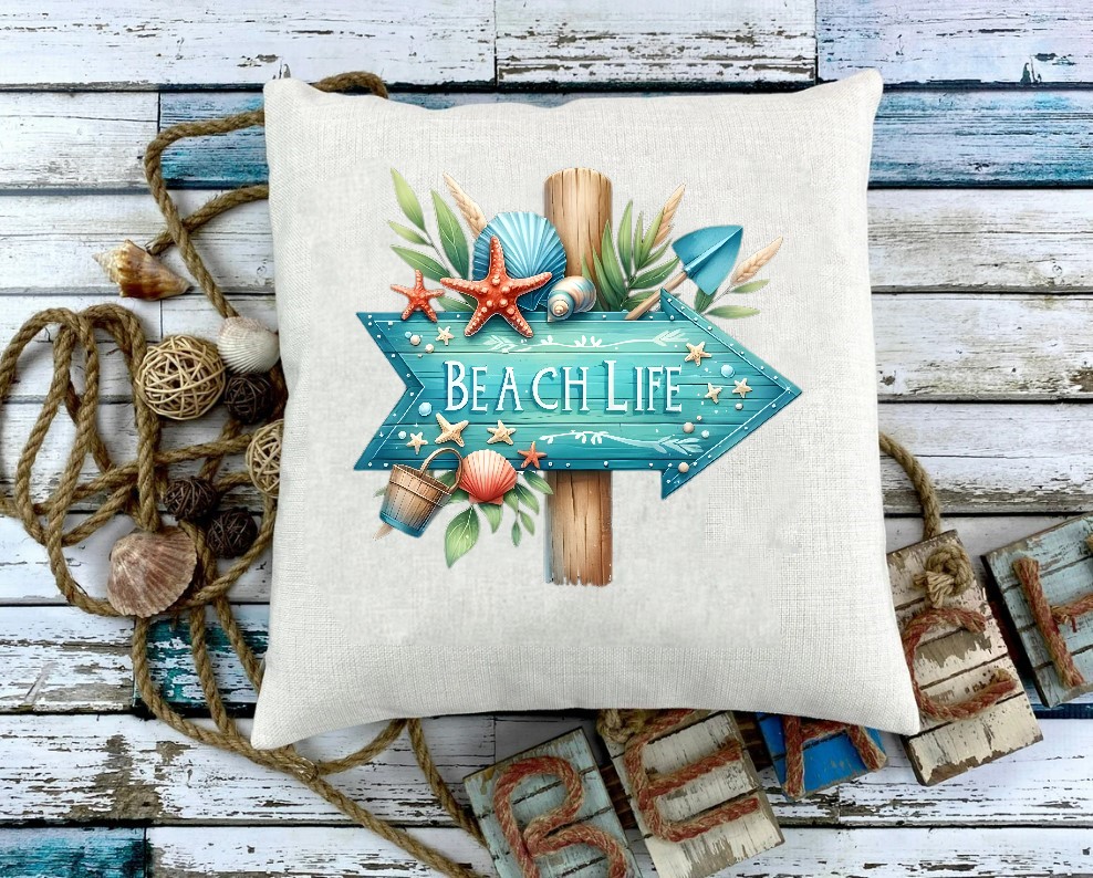 panneau bois beach life impression dtf transfert thermocollant flex textile coussin mer océan plage