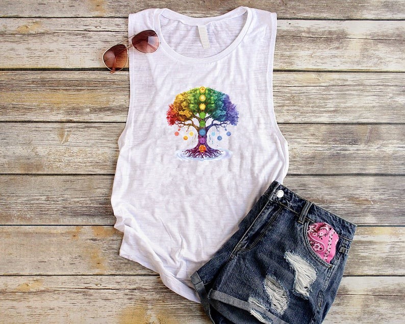 arbre chakras impression dtf transfert thermocollant flex textile t-shirt femme homme enfant sac sport shopping plage zen yoga