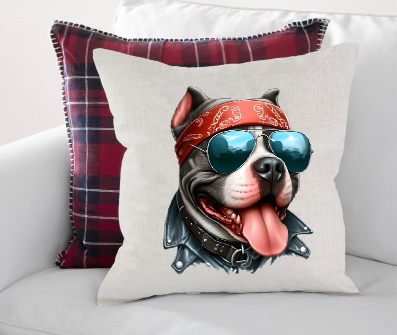 Chien Staff Lunettes Impression DTF transfert Thermocollant flex textile coussin tissu animal motard
