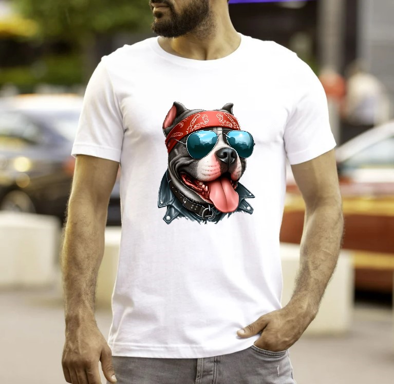 Chien Staff Lunettes Impression DTF transfert Thermocollant flex textile t-shirt femme homme enfant tissu animal motard