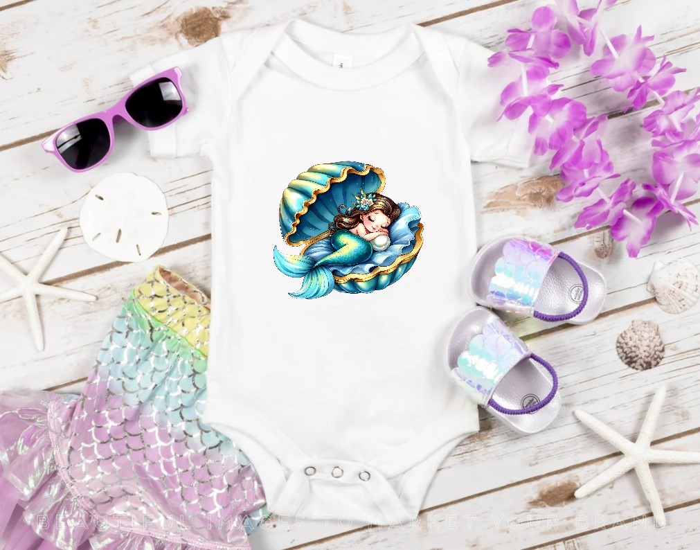 Sirène Dort Coquille Perle impression DTF transfert thermocollant flex textile vêtement body femme enfant bébé mer fille