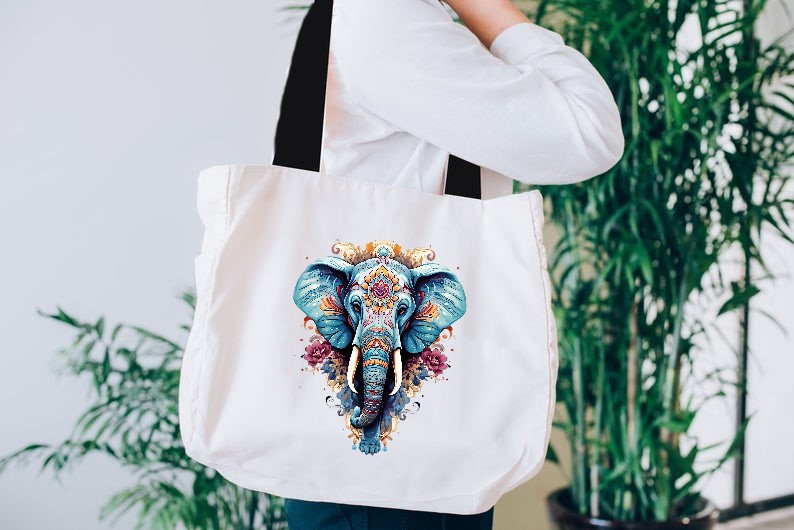 éléphant fleurs ornements transfert thermocollant flex textile sac shopping plage sport animal