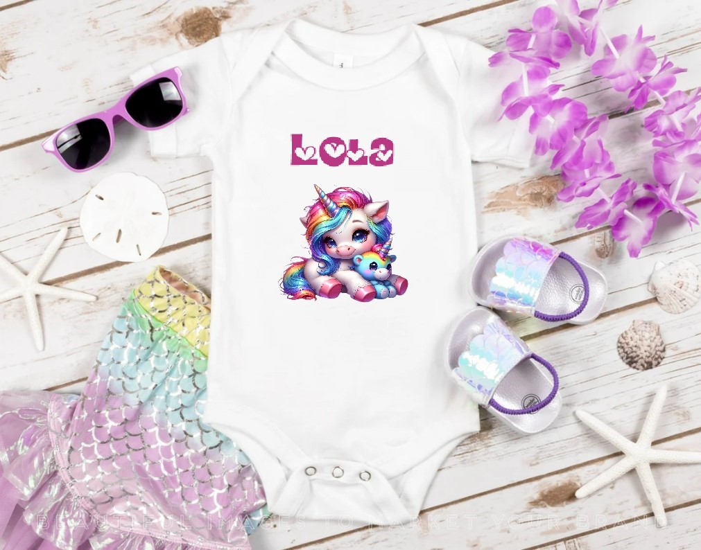 Licorne Allongée Arc en ciel transfert thermocollant flex textile coussin oreiller enfant fille garçon poney body t-shirt enfant bébé