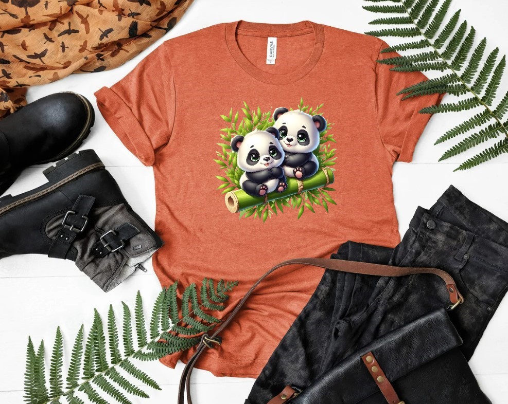 Pandas Bambous Transfert thermocollant flex textile t-shirt homme femme enfant animal mignon