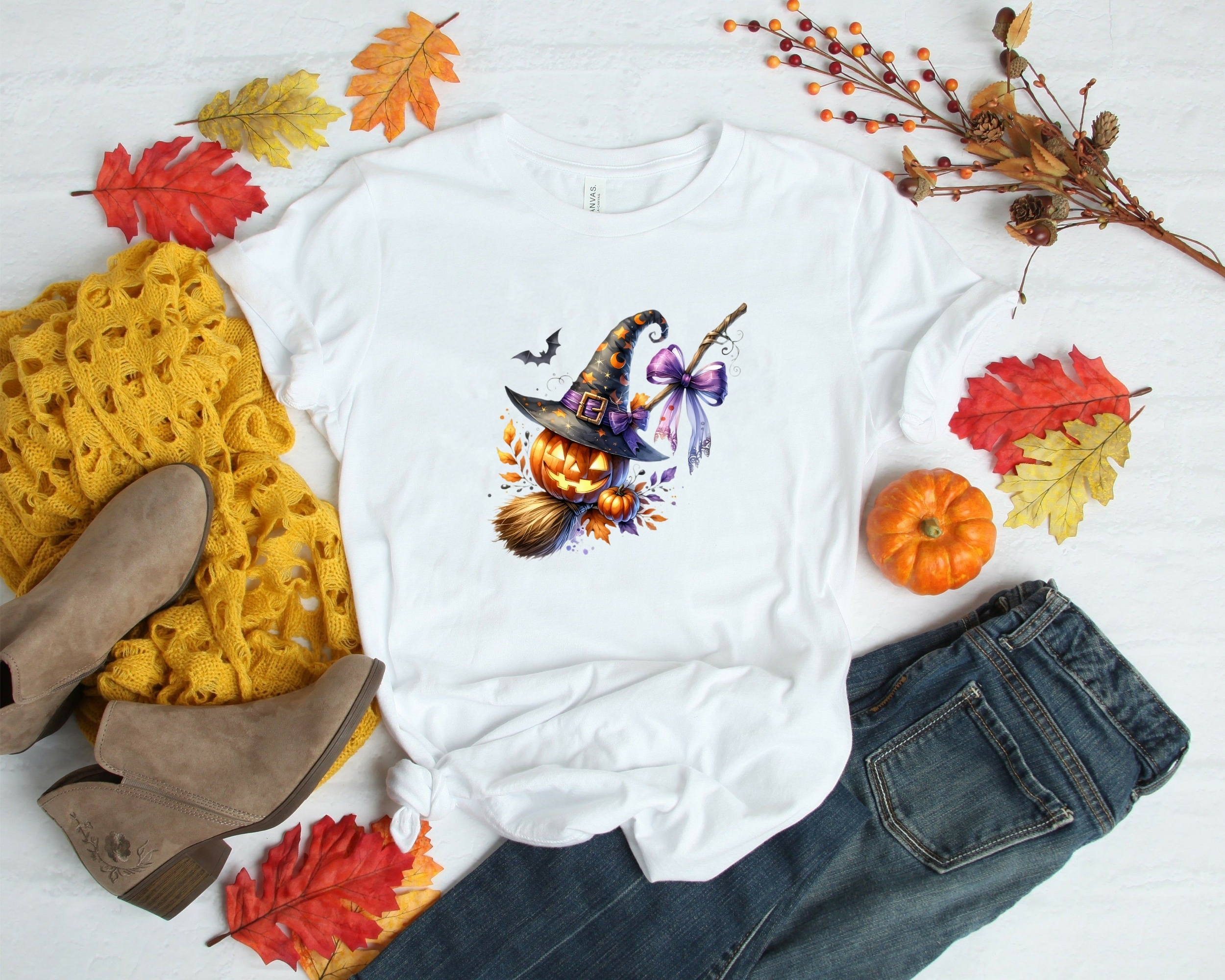 Chapeau Citrouille Balai Halloween Transfert Thermocollant t-shirt homme femme enfant