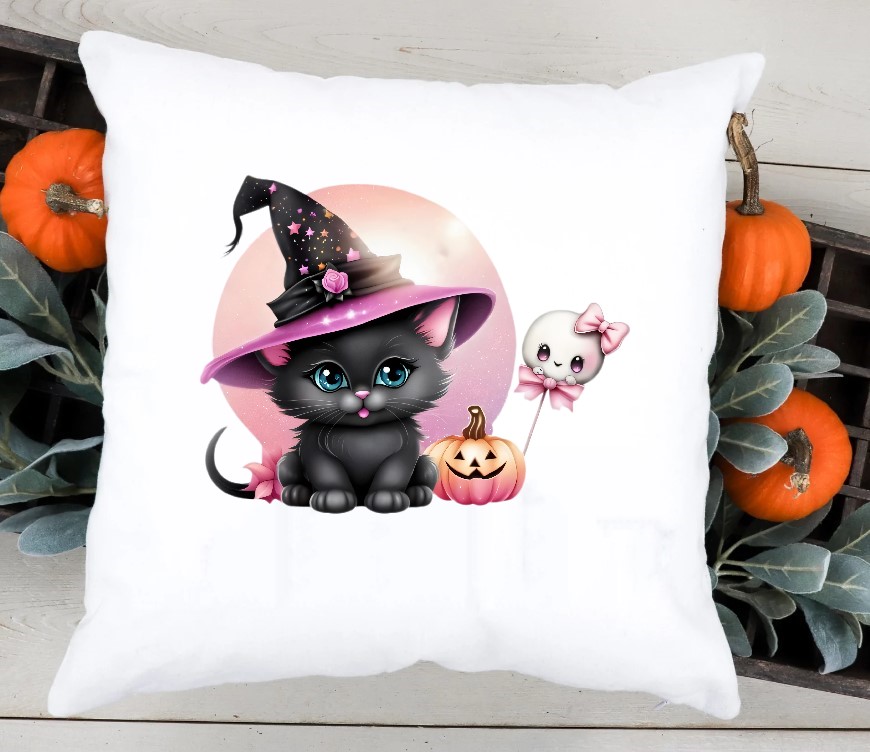 chat chapeau citrouille halloween transfert thermocollant flex textile t-shirt femme, homme enfant bébé coussin oreiller tissu