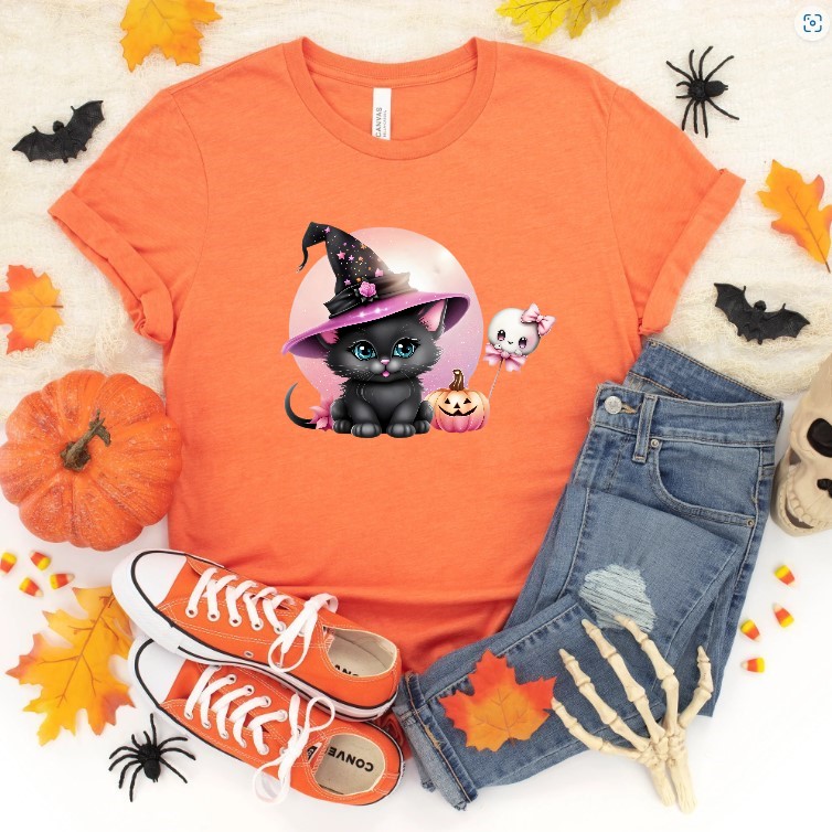 chat chapeau citrouille halloween transfert thermocollant flex textile t-shirt femme, homme enfant bébé
