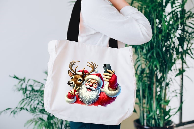 Père Noël Selfie transfert thermocollant flex textile sac shopping plage sport christmas