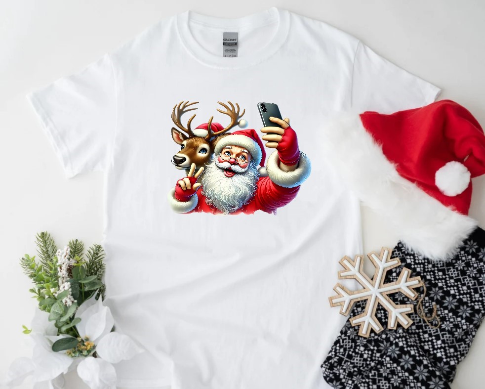 Père Noël Selfie transfert thermocollant flex textile sac shopping plage sport christmas t-shirt femme homme enfant bébé