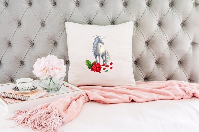 Licorne Blanche Fleur transfert thermocollant coussin oreiller prêt à poser