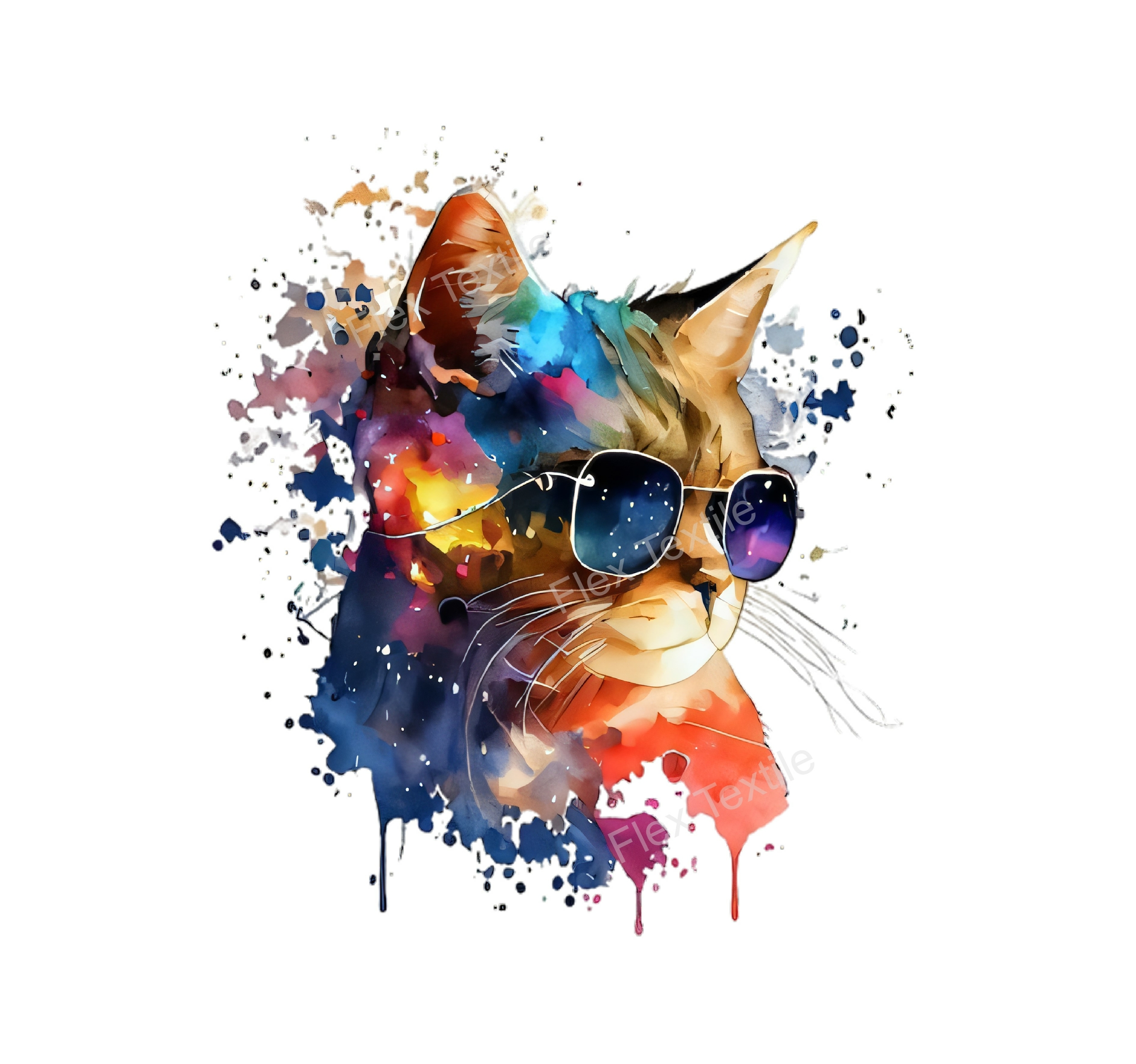 chat lunettes aquarelle transfert thermocollant impression dtf flex textile