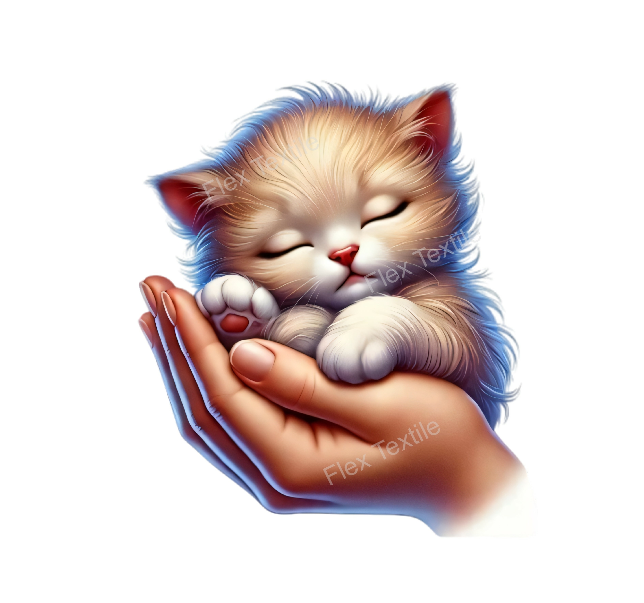 bébé chat dort mains transfert thermocollant impression dtf flex textile