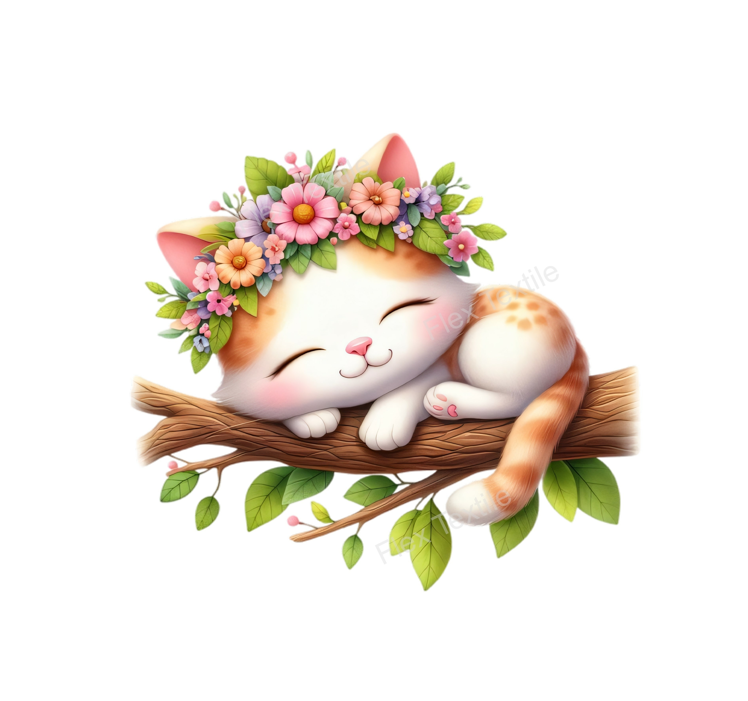 chat dort branche fleurs transfert thermocollant impression dtf flex textile
