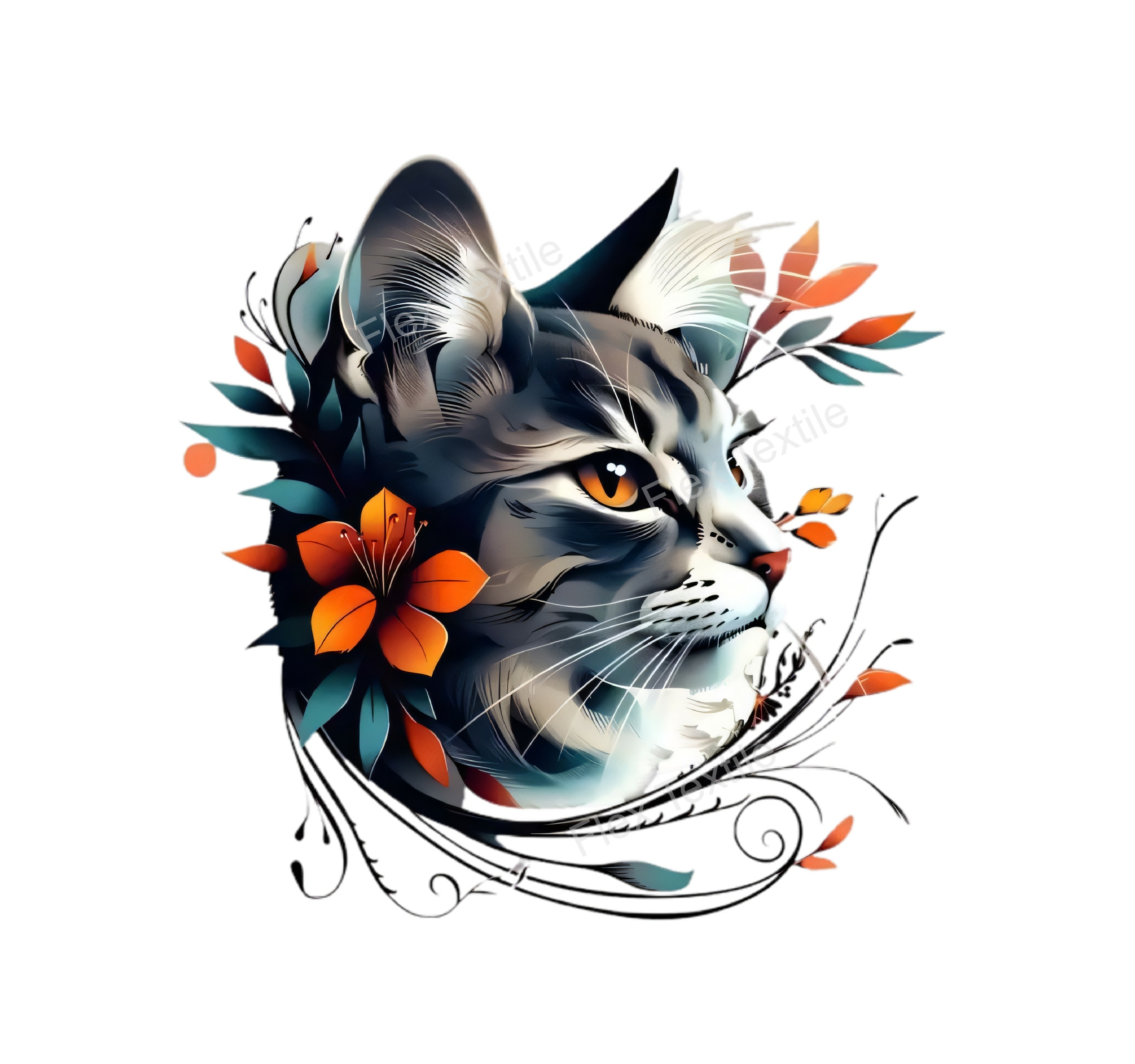 chat gris fleurs transfert thermocollant impression dtf flex textile