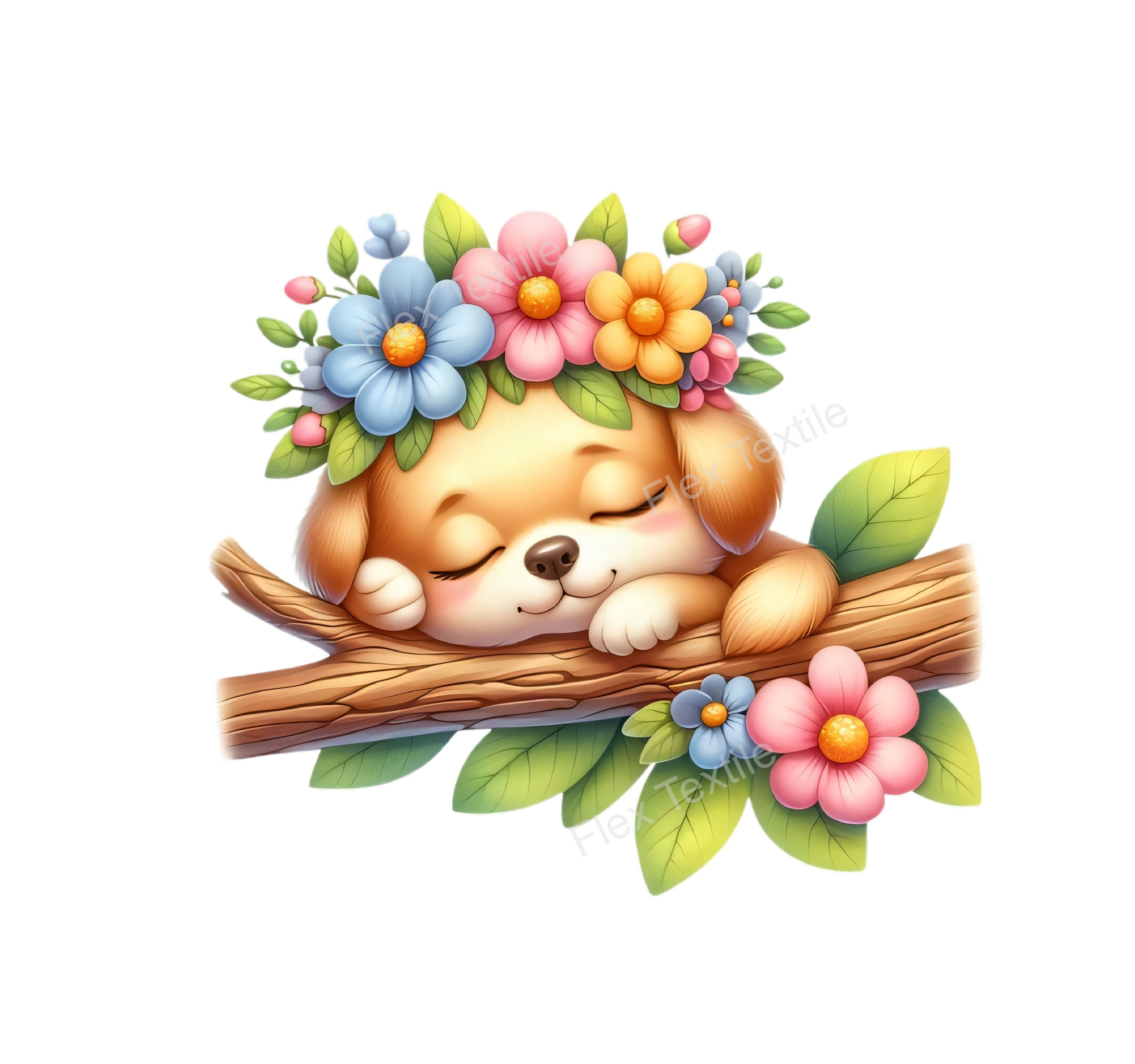chien dort branche fleurs transfert thermocollant impression dtf flex textile