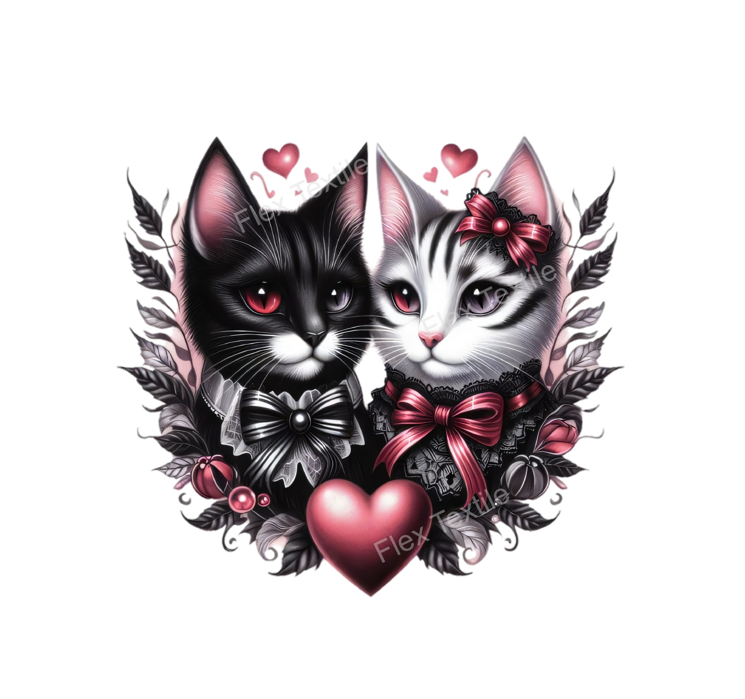 chats noir blanc coeurs transfert thermocollant impression dtf flex textile