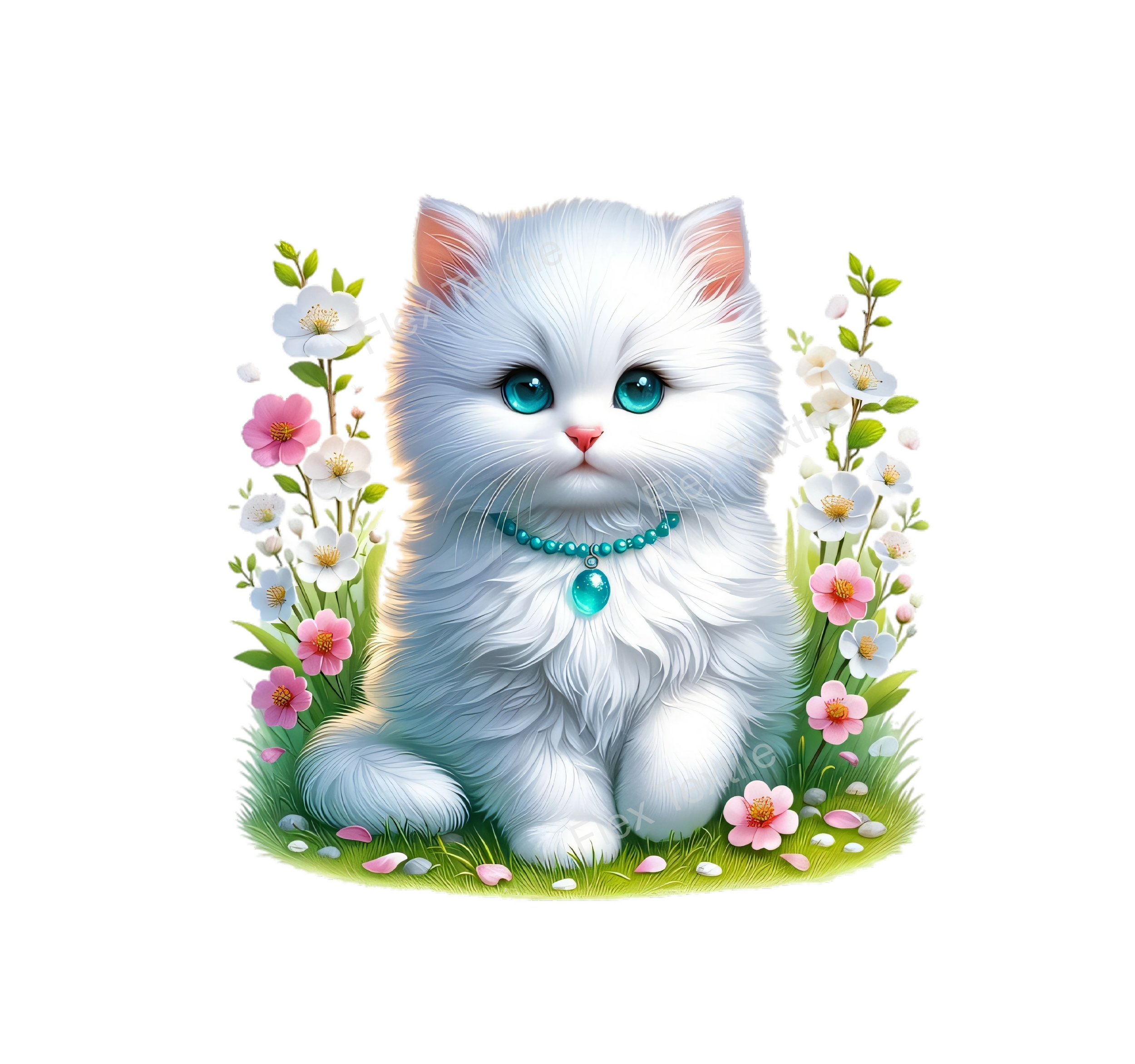 chat blanc fleurs transfert thermocollant impression dtf flex textile
