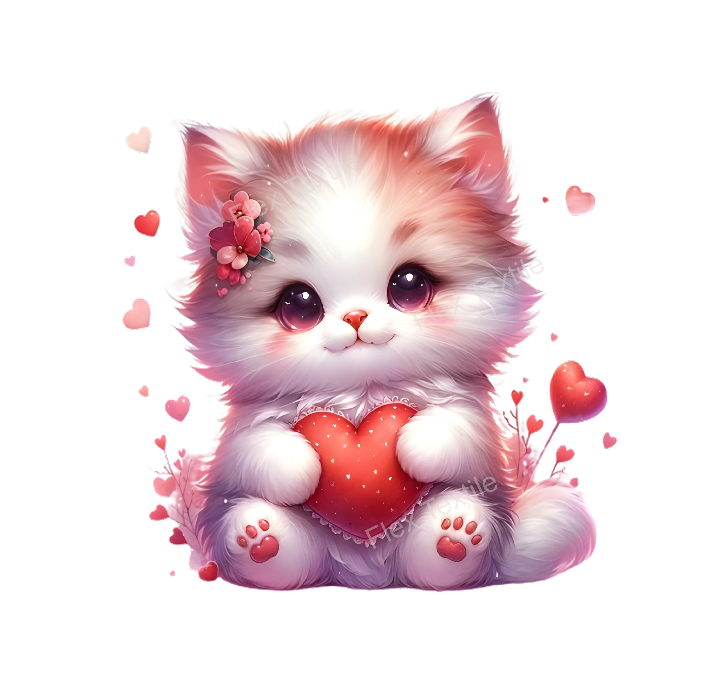 chaton blanc coeurs transfert thermocollant impression dtf flex textile