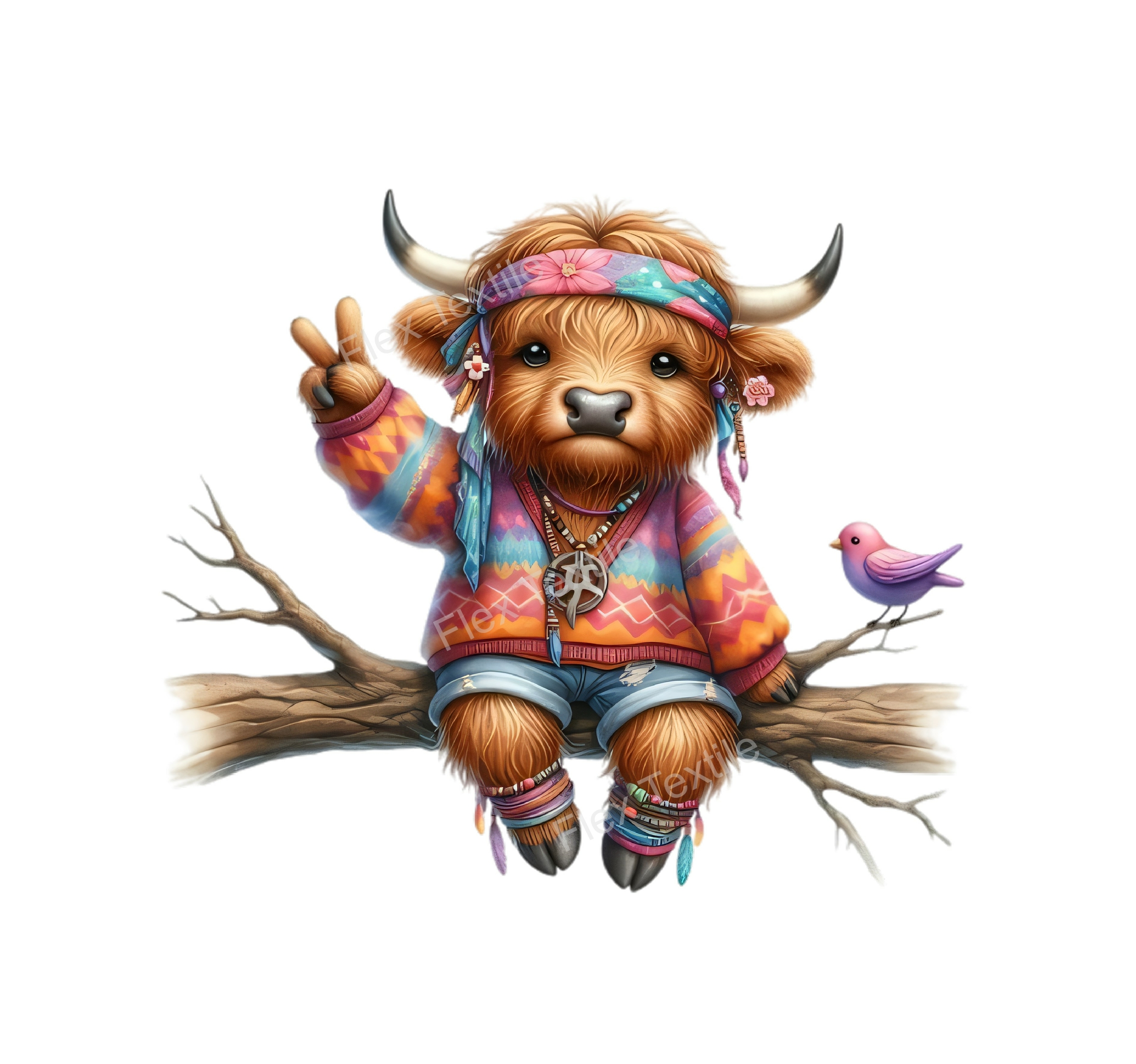 vache hippie branche transfert thermocollant impression dtf flex textile
